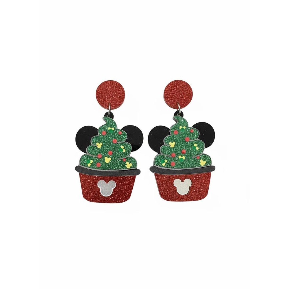 Klass Mickey Mouse Inspired Christmas Holiday Cupcake Glitter Acrylic Earrings